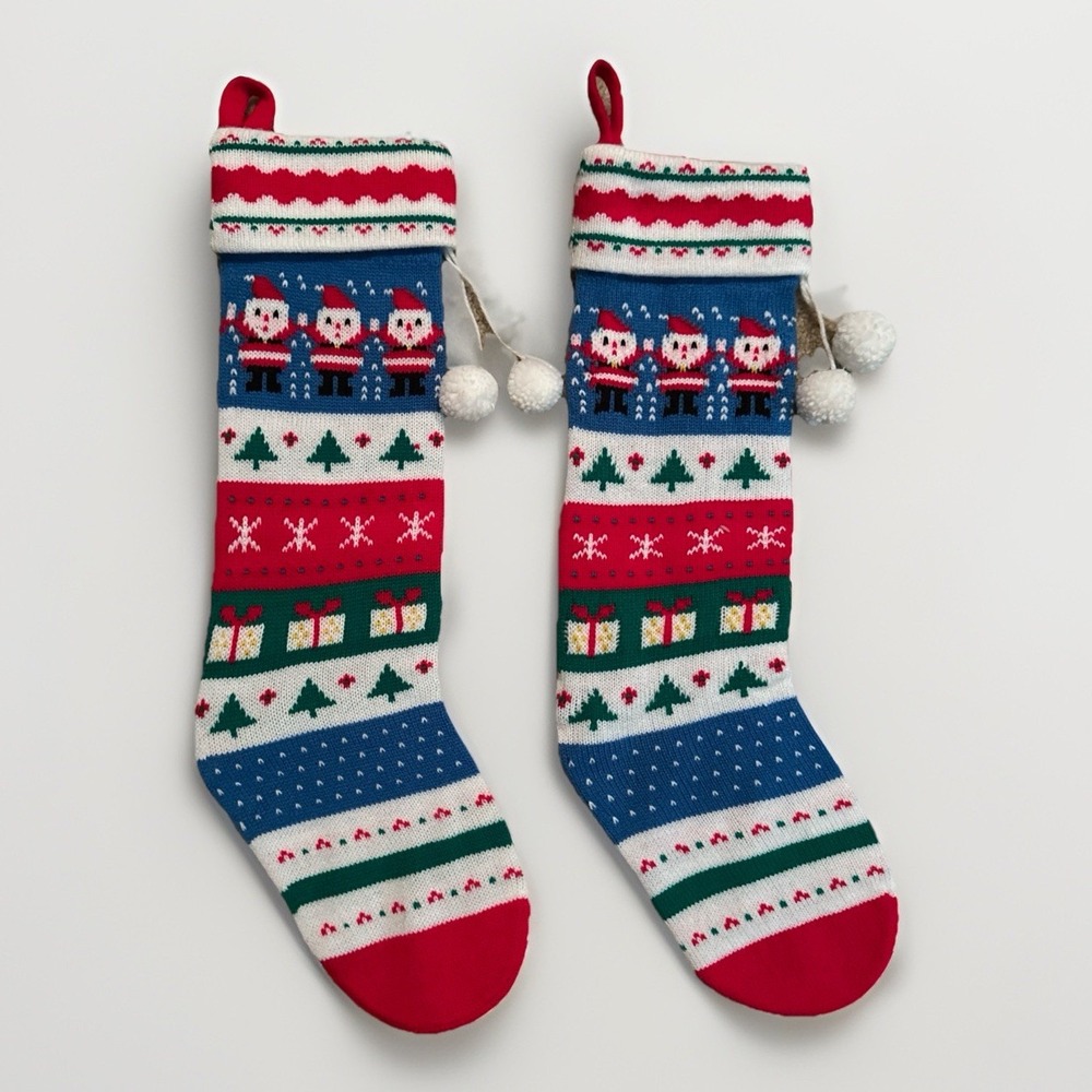 Vtg Knit Sweater Style Christmas Stockings Lot of 2 Red Green Blue Kurt S Adler